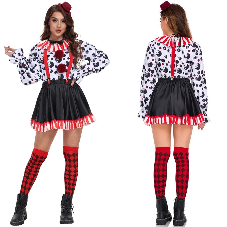 Creepy Horror Clown Dot Stripe Women Costume