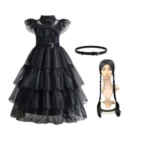 Children Polka Dot Black Dress with Wig