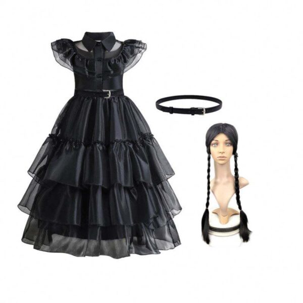 Children Polka Dot Black Dress with Wig